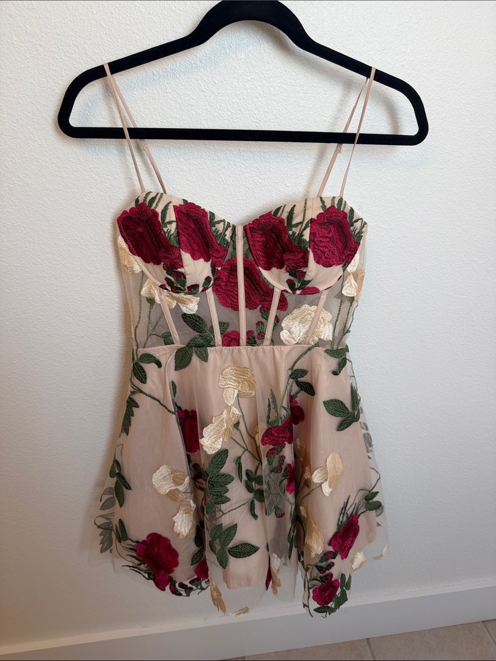Windsor Nude Mini Dress with Red & Green Floral Embroidery